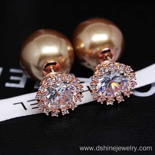 Zircon Crown Shell Pearl Earring Two-side Gold Pearl Earring